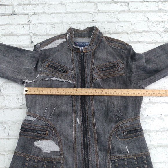 Baccini Jacket Womens Medium Blue Distressed Studded Destroyed Denim Motorcycle - Picture 2 of 12
